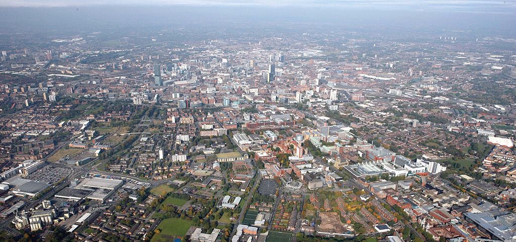 An aerial view of the city of Manchester, England