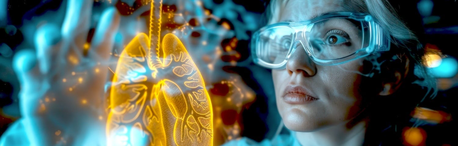 Image of woman looking at human lungs