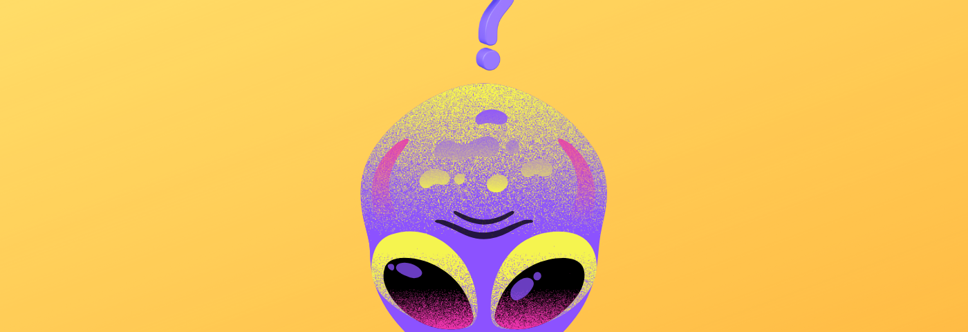 Illustration of purple alien with a question mark over its big head.