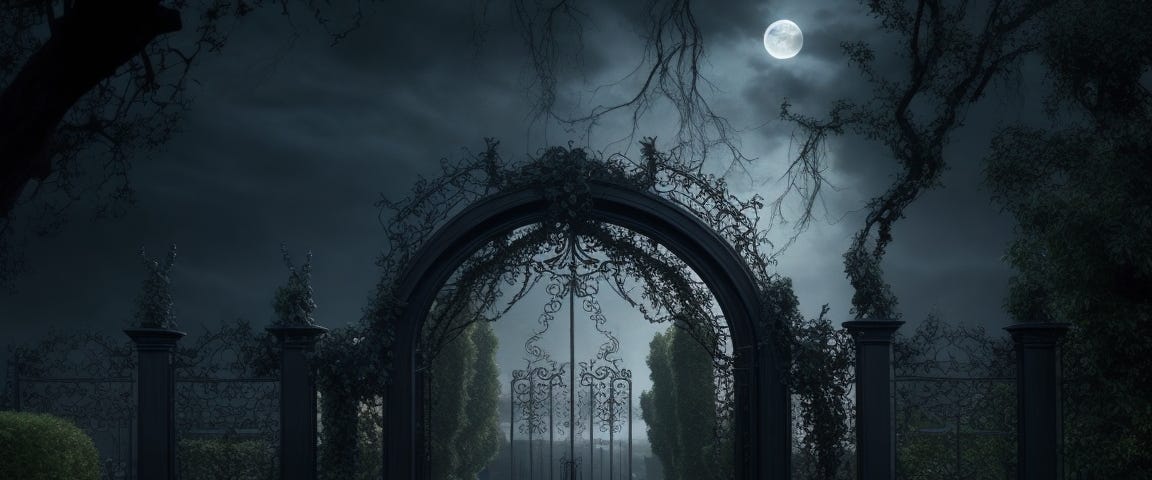 A grand, ominous gateway bathed in moonlight, partially obscured by ancient, twisted vines. The wrought iron gate is slightly ajar, revealing a glimpse of the mysterious mansion beyond, with a subtle, ethereal glow emanating from within.