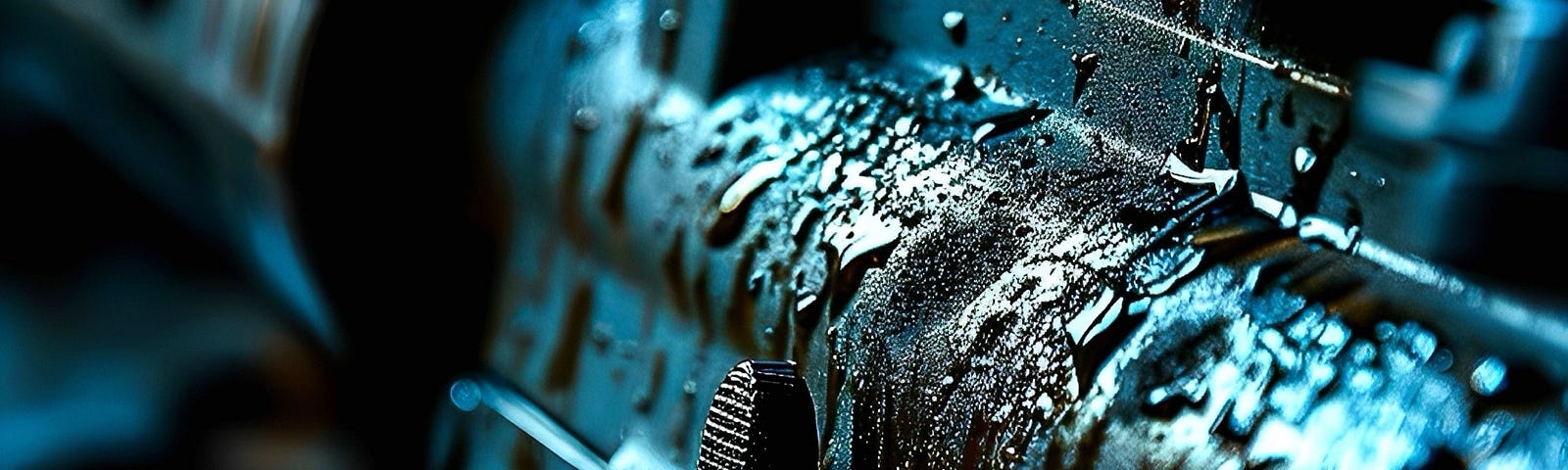 A close-up photo capturing the intricate details of a wet and dirty AR-15 rifle with droplets of water and mud on its metallic surface, highlighting the textures and contours of the firearm against a blurred background