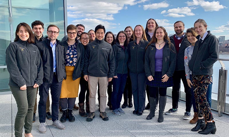 14 members of the MITx Digital Learning Lab staff standing in front of the Cambridge skyline