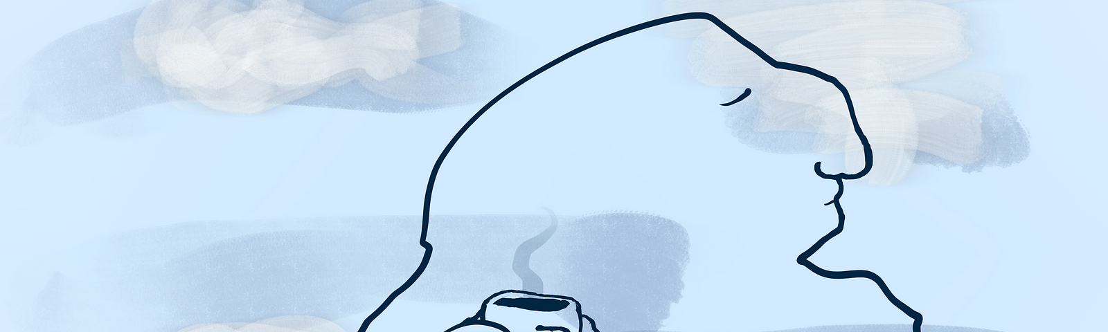 A cartoon of a figure with a big nose facing slightly upwards with closed eyes. Face in profile. Holding a cup of coffee. The figure is very minimally drawn, just enough to evoke the form of someone sitting cross-legged. In the background, which can be seen right through the figure, are some very loosely brushed in clouds over a pale blue sky. Art by Doodleslice 2024.