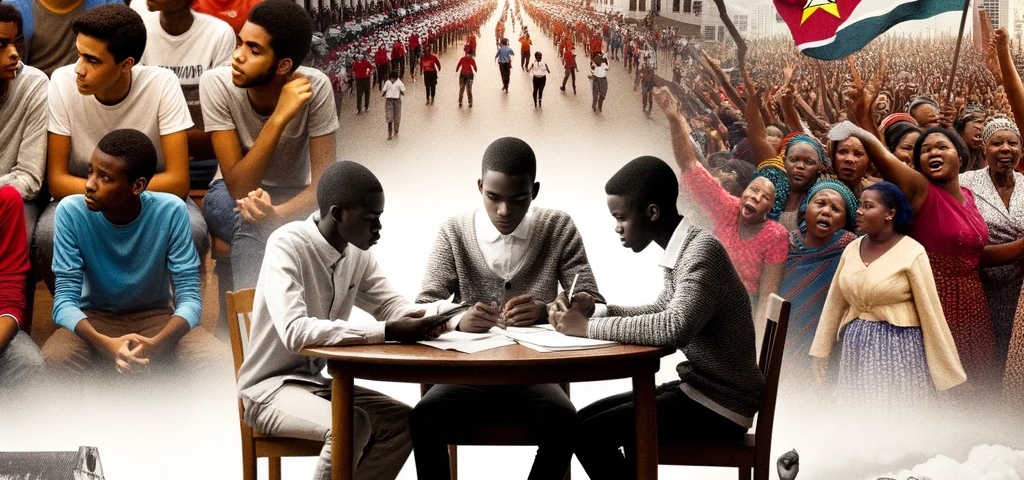 The image is a photographic collage of young Mozambicans engaged in discussions, debates, and community projects, showcasing hope and a desire for change. In the background, we see images of historical events and challenges faced by the nation.