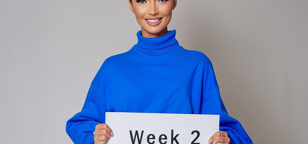 Woman in a bright blue outfit. She’s holding a sign that says “Week 2”.