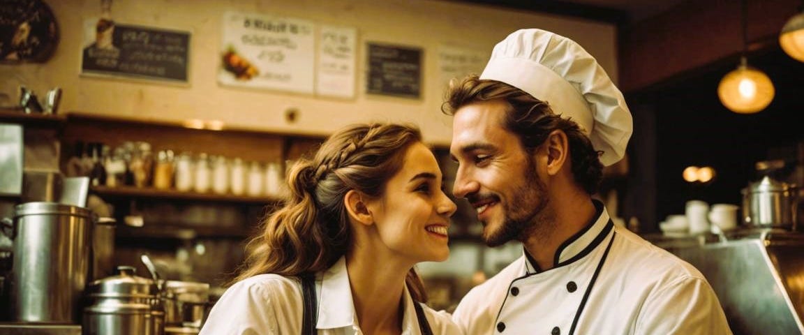 A waitress and chef looking in each other's eyes