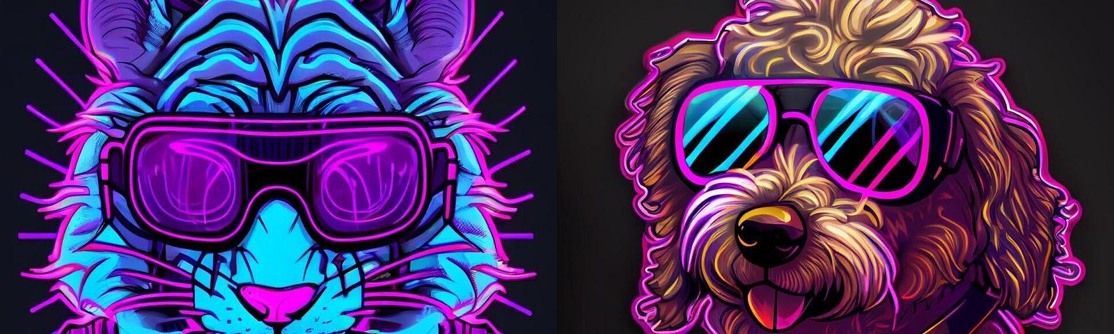 Neon black and purple tiger face wearing shades and headphones, neon dog wearing shades