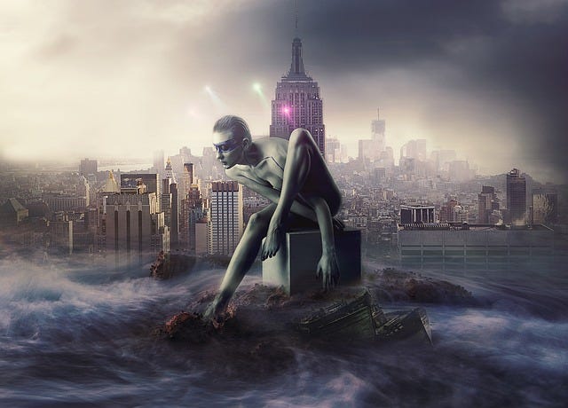 An alien sitting on top of a building amids a big city.