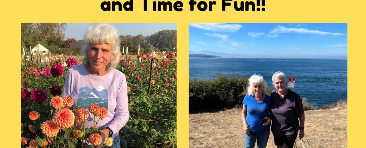 Photos of woman in a dahlia field and on a walk by the ocean, relaxing after writing.