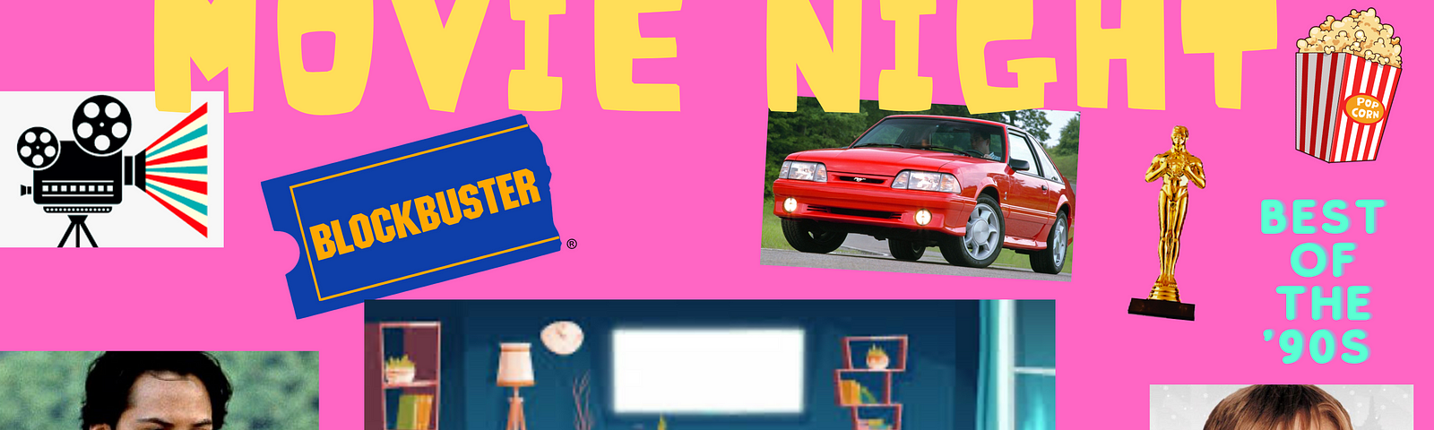 Nostalgic neon pink 1990s collage including images of: Keanu Reeves, Macaulay Culkin, Blockbuster video, popcorn, etc.