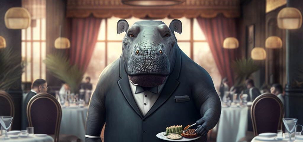 A hippopotamus waiter carrying food to a table