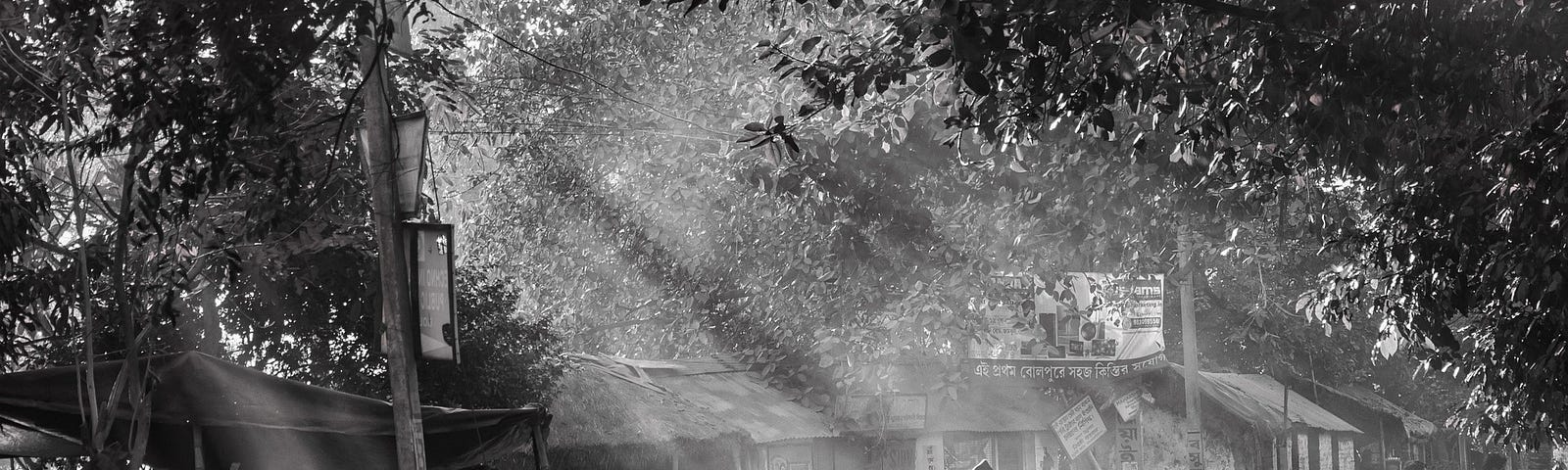 Black and white photo of the back of someone riding a bicycle to a rural general store.