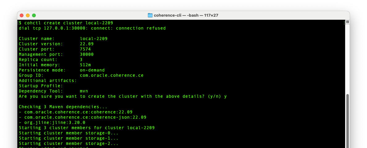 Coherence CLI — Creating a cluster
