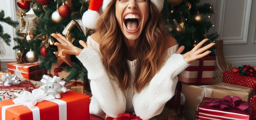 A screaming woman next to a Christmas tree with presents.