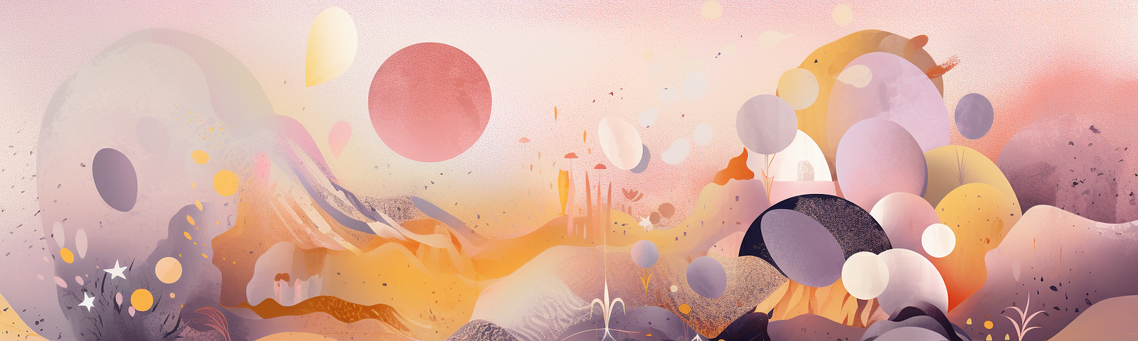 An abstract scene in light yellow and purple pastel colors and illustrated in magazine style.