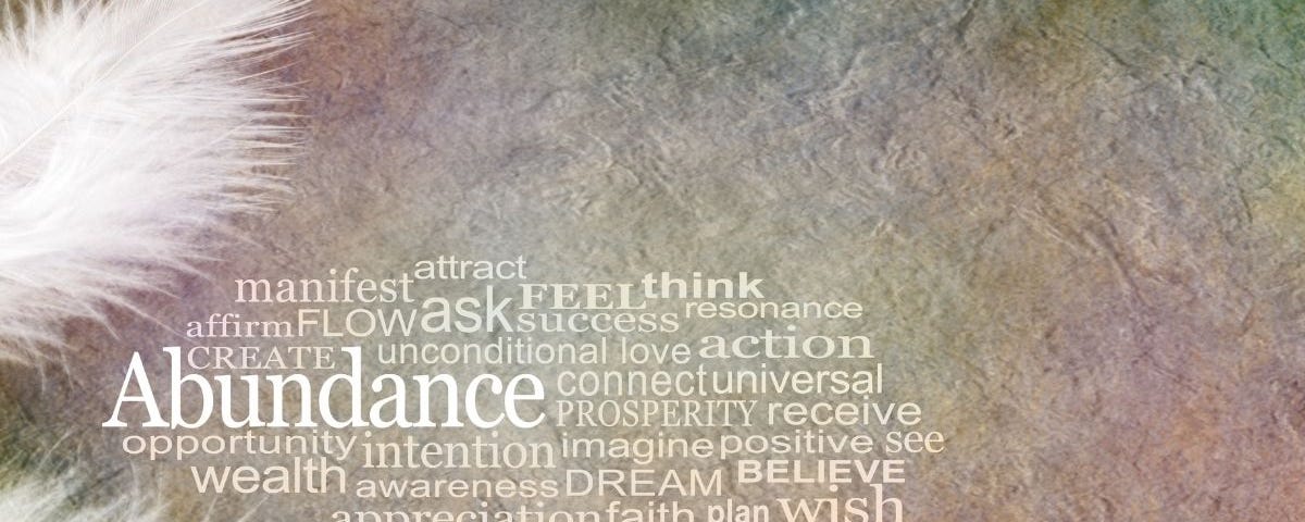 Positive Affirmations — Abundance Word Cloud with White Feathers