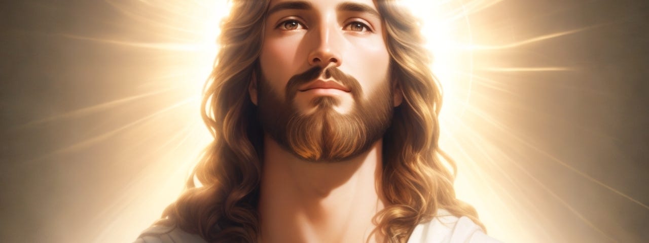 A majestic portrait of Jesus Christ, illuminated by a golden halo of light.