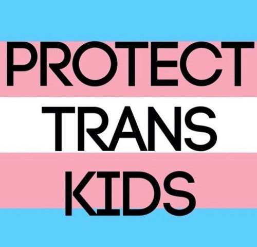 Graphic showing trans flag with text saying “Protect Trans Kids”