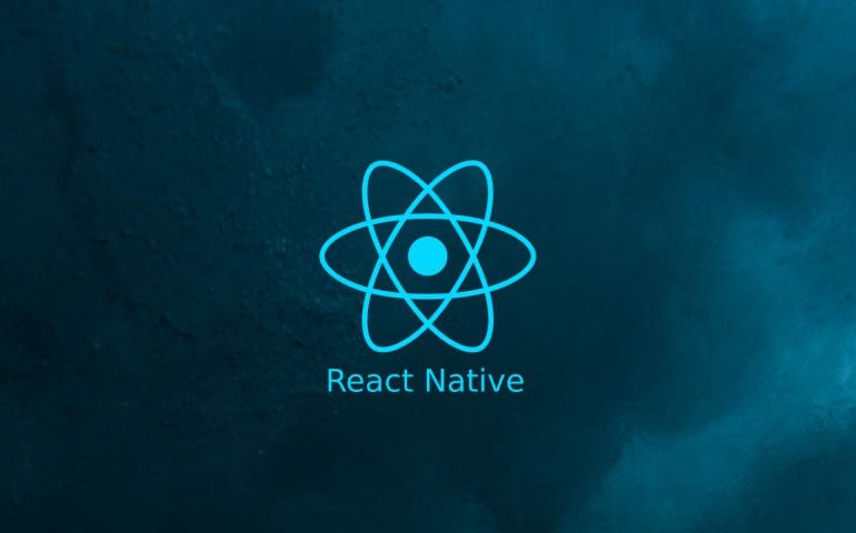 A sky blue React Native logo against a navy blue gradient background. The logo features a modern and minimal design with a vibrant sky blue color scheme. The text “React Native” is written in sky blue letters beneath the logo.