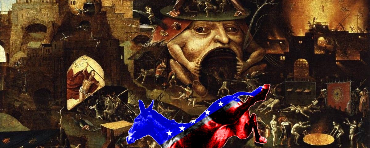 A vision of Hell from Hieronymus Bosch’s ‘Garden of Earthly Delights,’ with a superimposed kicking donkey in red, white and blue livery with white stars, in the style of the Democratic Party mascot.