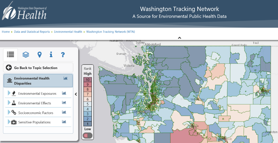 Map of Washington state showing areas with health disparities.