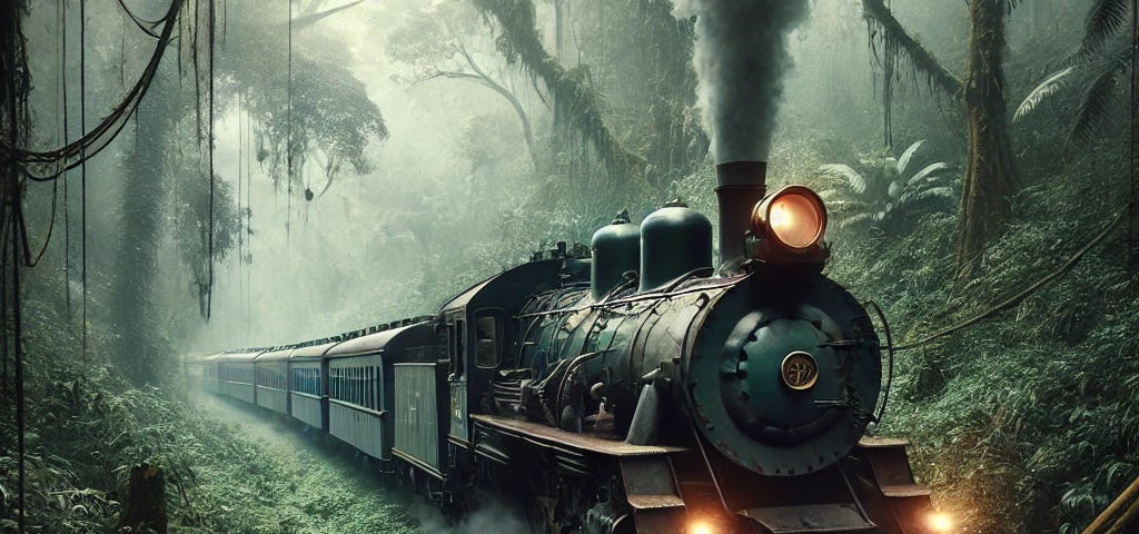 A very different kind of journey shows a train traveling from London to Newcastle stopped in a jungle.