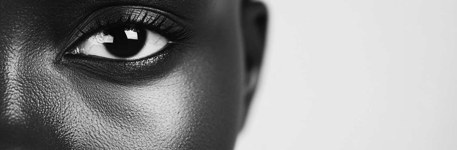 Tight on the face of a beautiful dark-skinned black woman, facing the camera on a white background, only her half face is visible, her eye looking right at you. in a simple, minimalistic style with high contrast between black and white, in the graphic design style of professional photography, hyper-realistic.