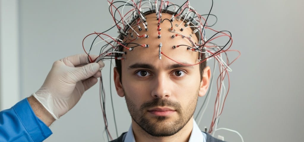 AI-Generated image of man with wires hooked up to his brain to help re-wire his unconscious mind