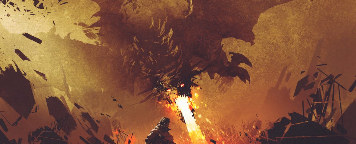 Image: A cloaked figure fleeing the dragon behind them, who is blasting the entire background into cinders with their fire breath.