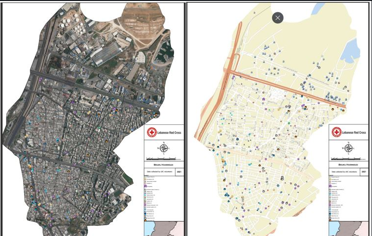 Two maps illustrating the process of data collection for a vulnerability and capability assessment in Lebanon