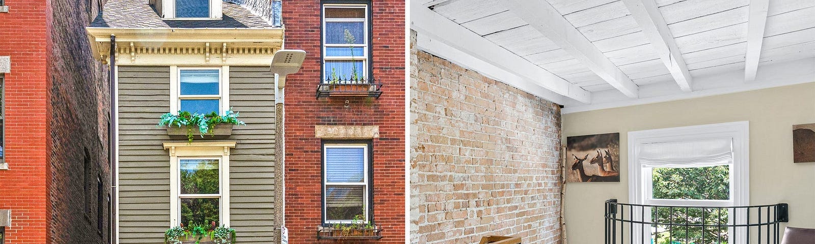 The exterior (left) and interior (right) of the skinniest home in Boston.