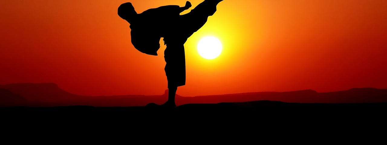 A person practicing a martial arts kick at sunrise.