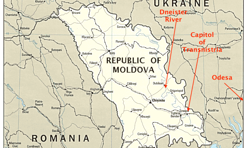 Map of Republic of Moldova showing locations for Transnistria and Odesa