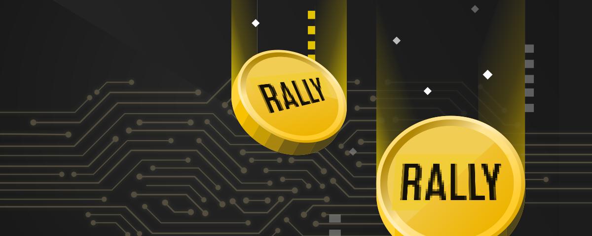 RALLY logo turned into coins falling through the digital space.