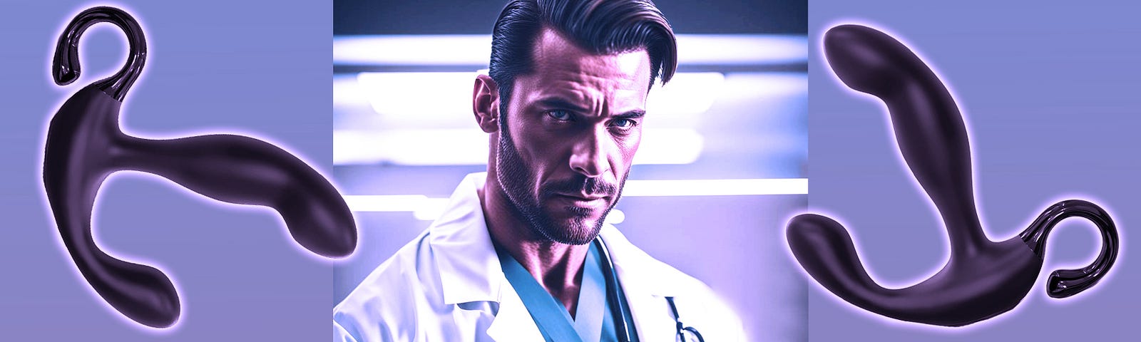 Dr. Emery, the Proctologist, a handsome man with ark well-coiffed hair, wearing a doctor’s coat — Image generated in NightCafeStudio and further altered in Photoshop. Photo filter: Purple.