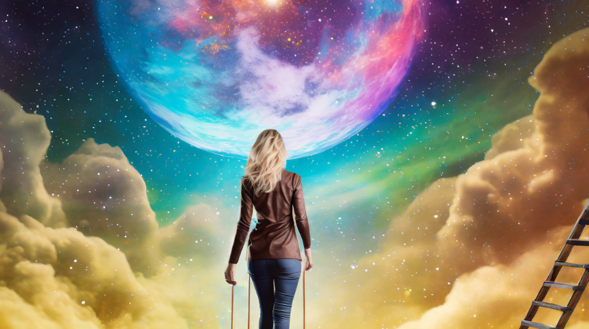 Woman walking on a colourful planet made of colorful chocolate looking into the sky where there is a ladder into the universe