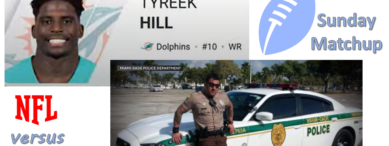 Tyreek Hill’s photo on the top left, Miami police officer Danny Torres on the bottom right. In the top right corner is an image of a football with the words “Sunday matchup.” In the lower left are the words NFL versus Miami Police Department.