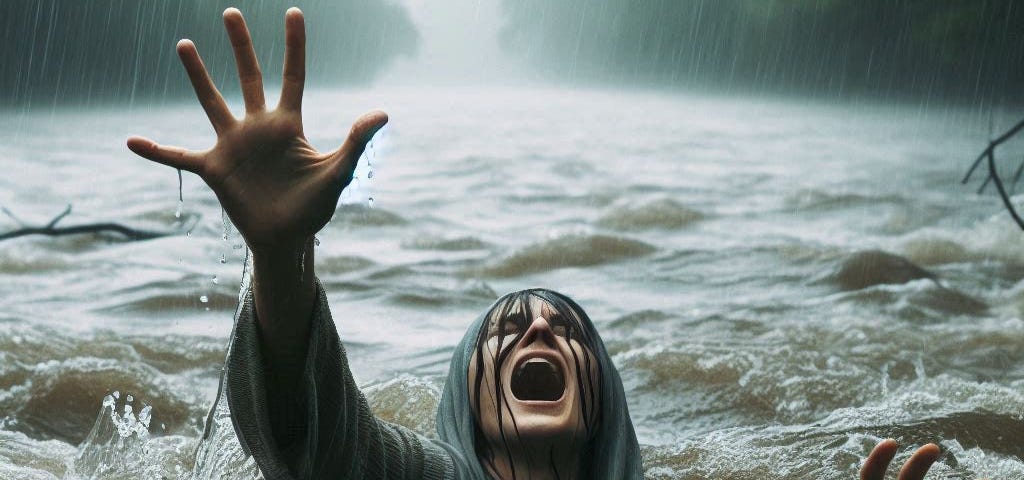 a woman in a river, waving in panic