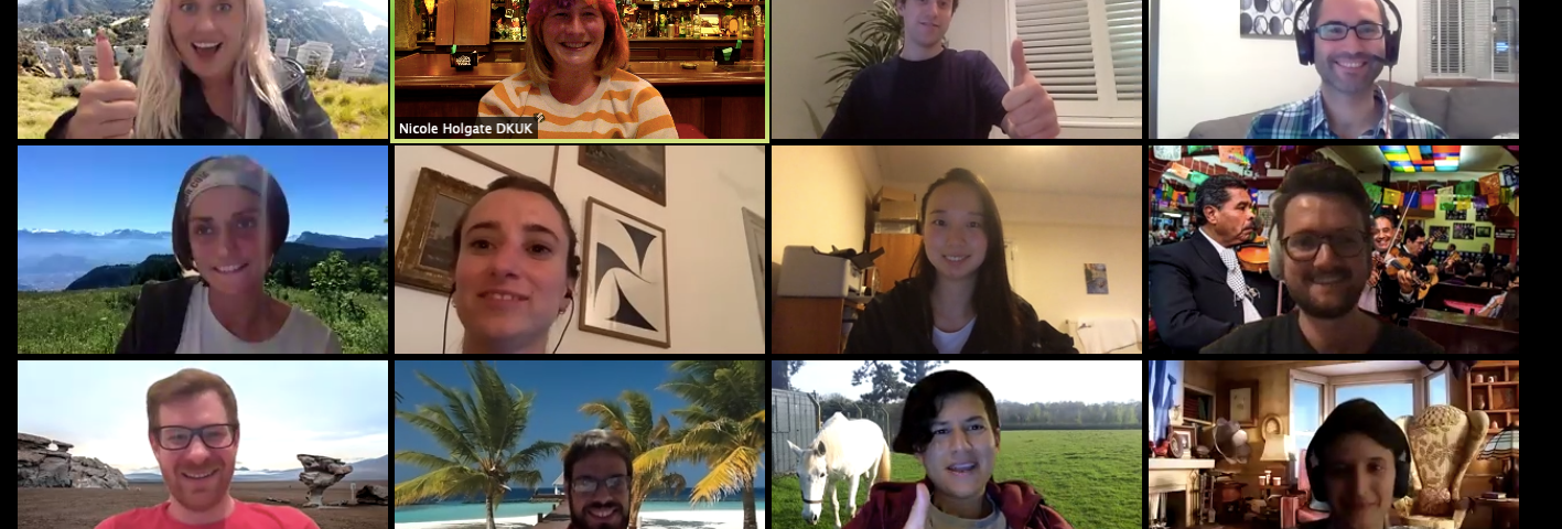 A screenshot of 15 people on Zoom individually, smiling, with colourful backgrounds