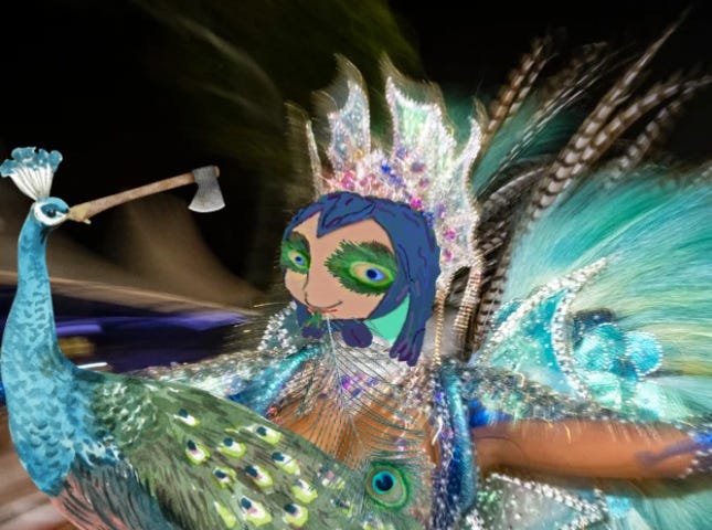 Lizzie Lizard Brain at Carnival dancing in a skimpy outfit. A peacock holds a hatchet in its beak. Lizzie’s eyes are the centers of peacock feathers.