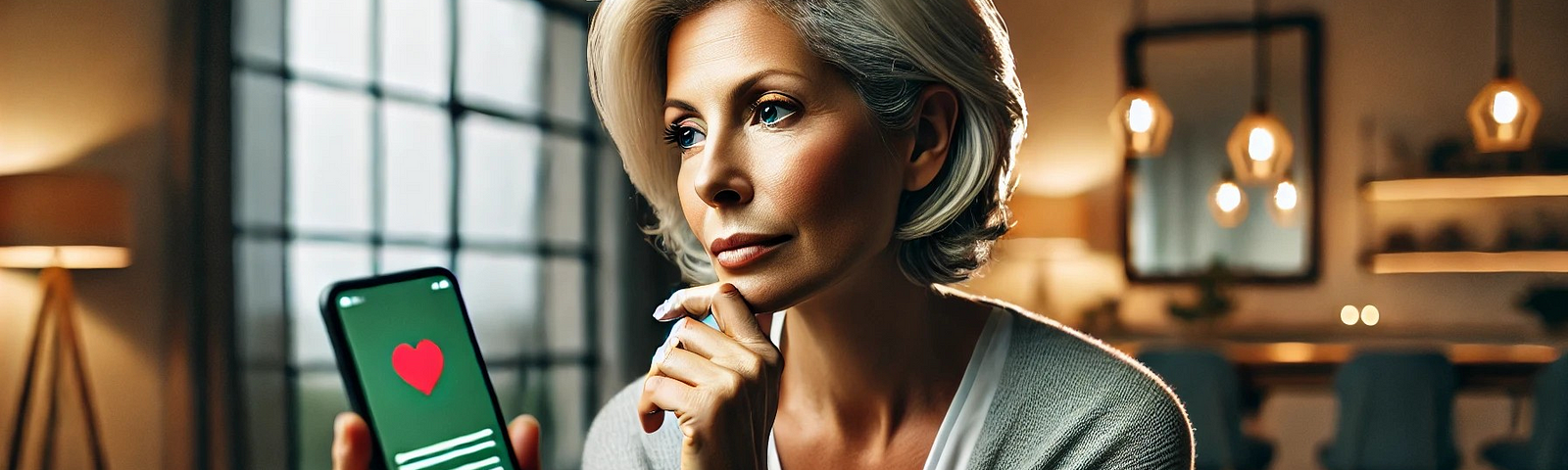 Here is the image of a midlife woman looking thoughtfully at her phone with a dating app open, sitting in a cozy living room. The background shows a modern apartment with soft lighting.