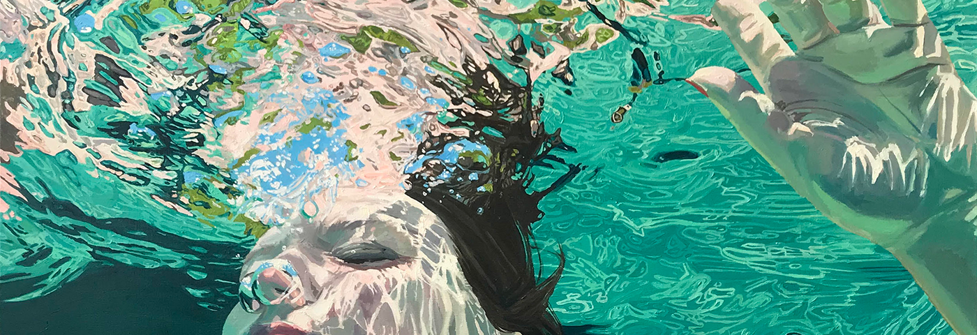 Painting of a woman swimming underwater.