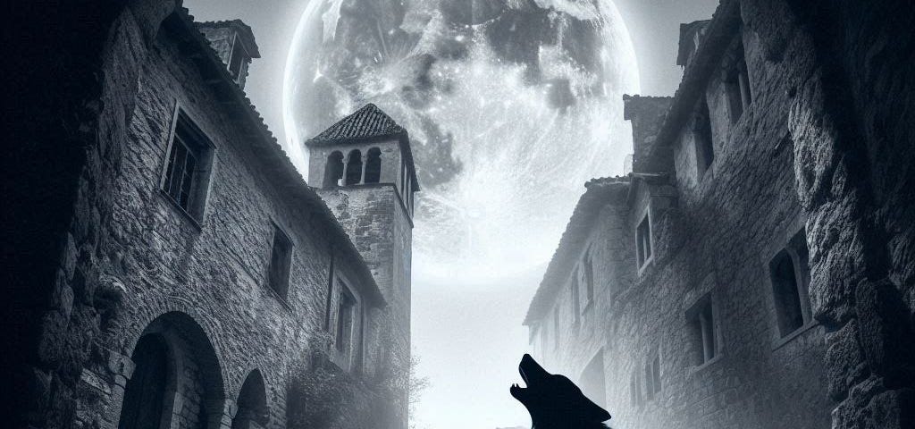 A wolf howls at the moon in a ancient Czech village.