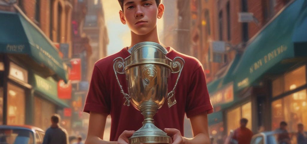 A high school boy holding a very large silver trophy, with a pleasant city street scene in the background.