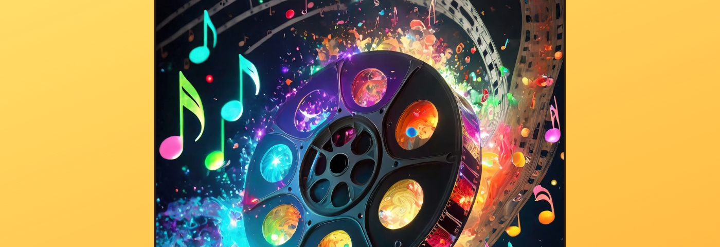 Film reel surrounded by colorful music notes on a black background