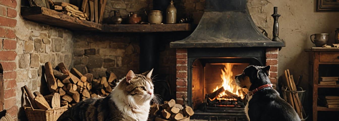 a cat and a dog having a converation, before an open hearth fire