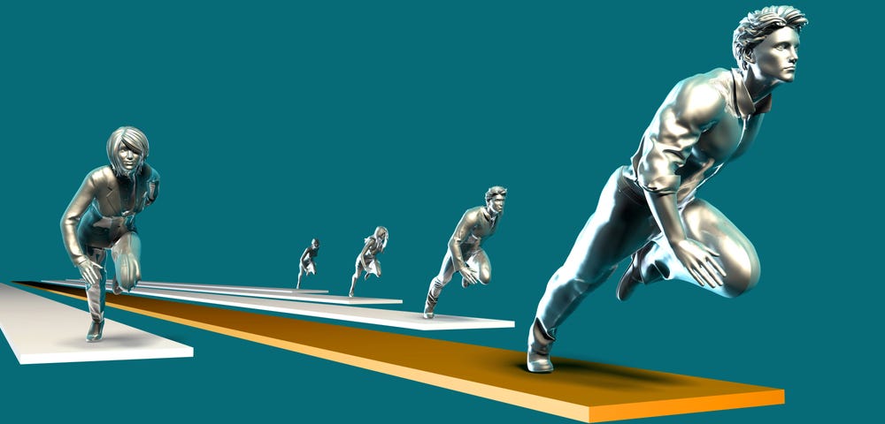 Image of running statues, each on its own lane trying to win.