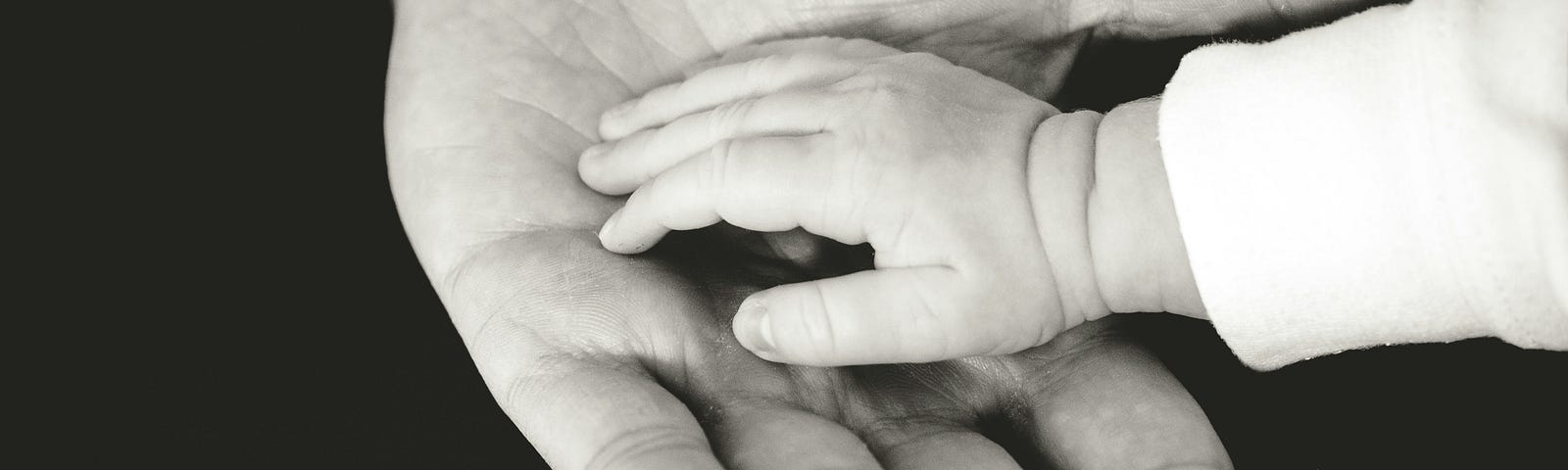A tiny baby’s hand in a parent’s hand