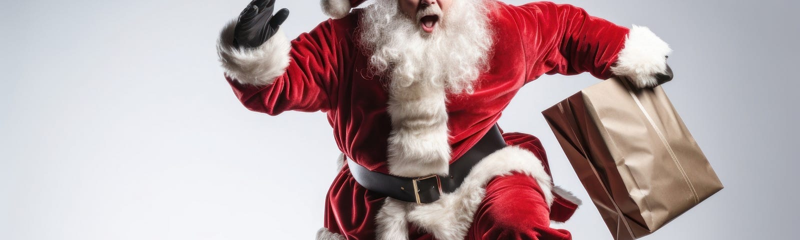 Santa running towards the camera, holding a paper bag