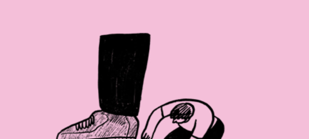 Illustration on pink background: a worker attempts to pull a payment cheque from under the giant foot which is standing on it